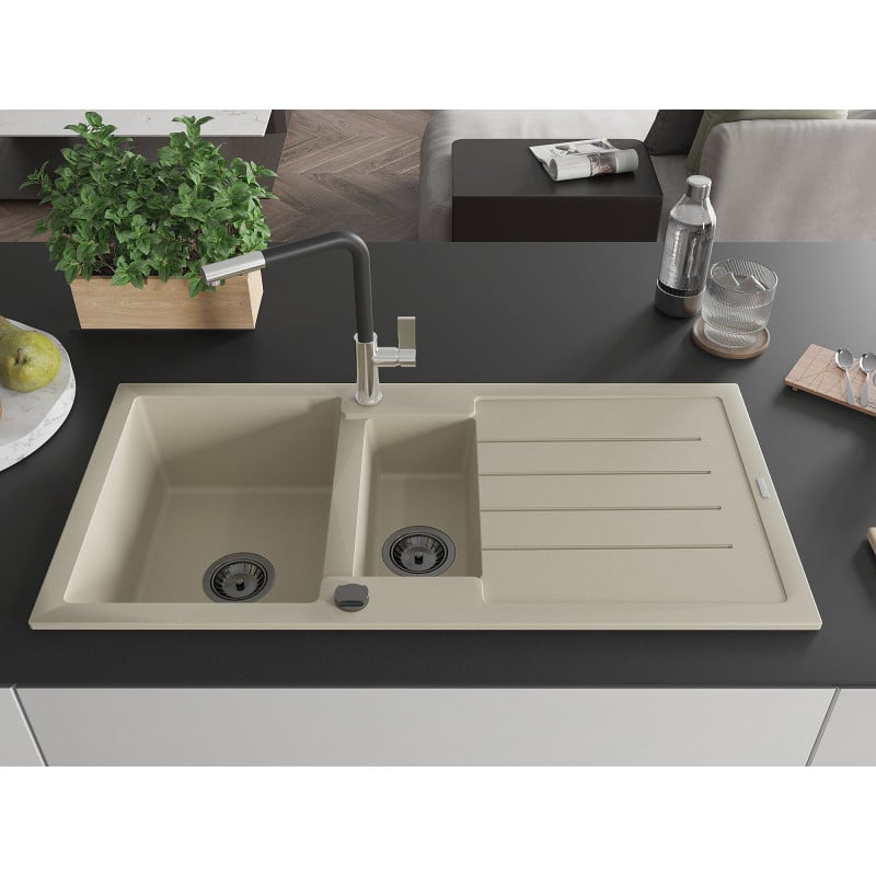 Mexen Andres évier en granit 1,5 cuves avec égouttoir et robinet de cuisine Flora, beige - 6515-69-670401-07-B