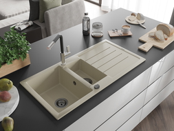 Mexen Andres évier en granit 1,5 cuve avec égouttoir et mitigeur de cuisine Flora, beige - 6515-69-670401-07-B