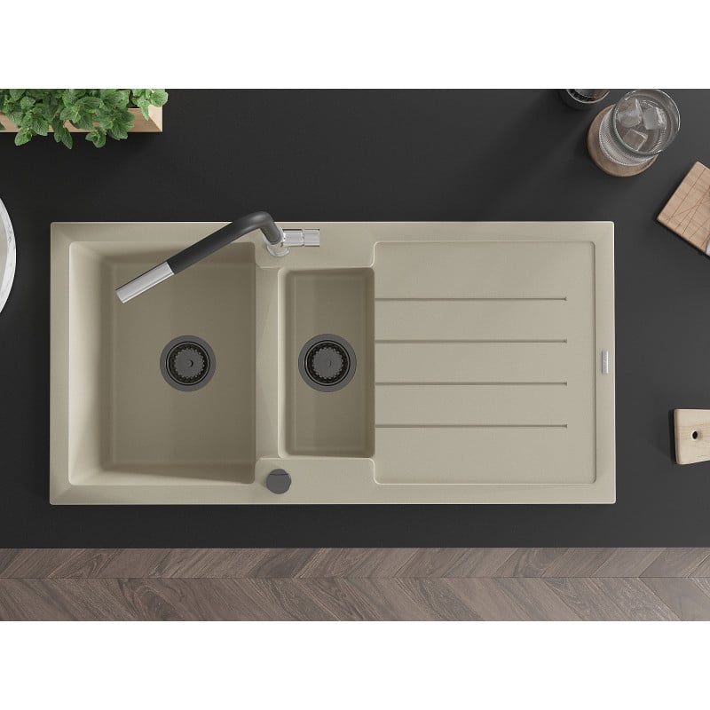 Mexen Andres évier en granit 1,5 cuves avec égouttoir et robinet de cuisine Flora, beige - 6515-69-670401-07-B