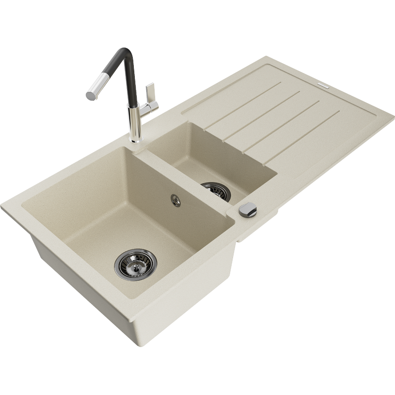 Mexen Andres évier en granit 1,5 cuve avec égouttoir et mitigeur de cuisine Flora, beige - 6515-69-670401-07-B