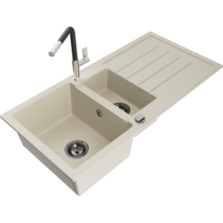 Mexen Andres évier en granit 1,5 cuve avec égouttoir et mitigeur de cuisine Flora, beige - 6515-69-670401-07-B