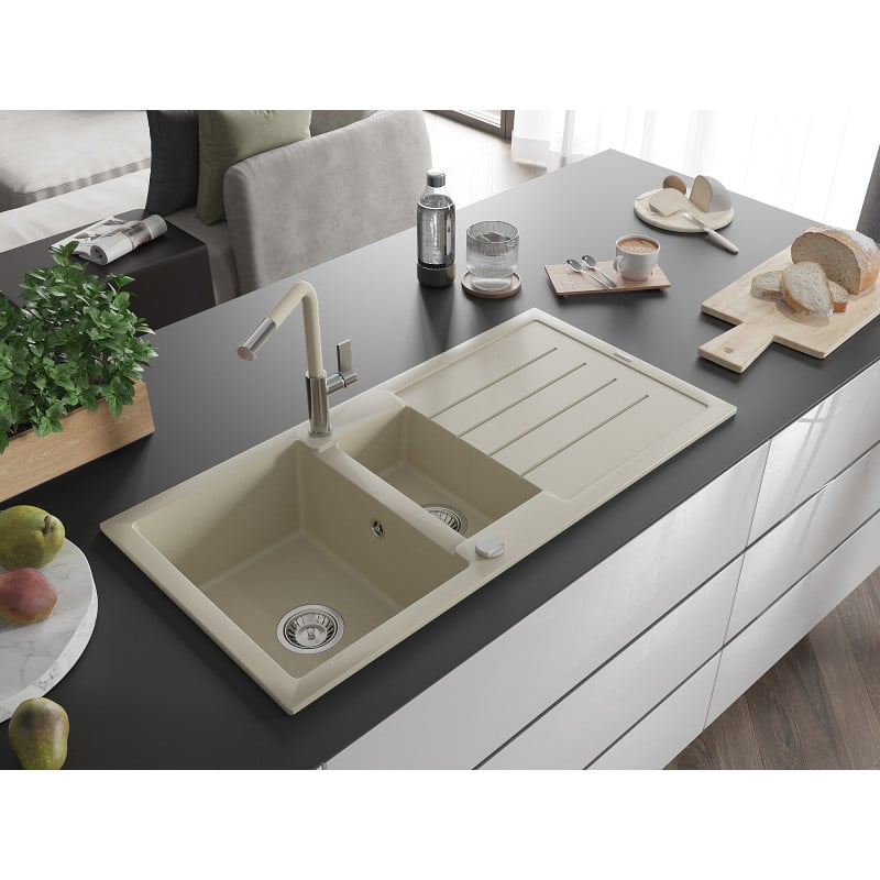 Mexen Andres évier en granit 1,5 bac avec égouttoir et robinet de cuisine Flora, beige - 6515-69-670401-09