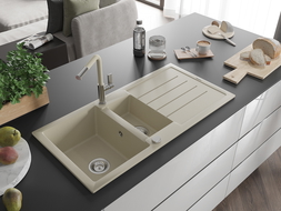 Mexen Andres évier en granit 1,5 bac avec égouttoir et robinet de cuisine Flora, beige - 6515-69-670401-09