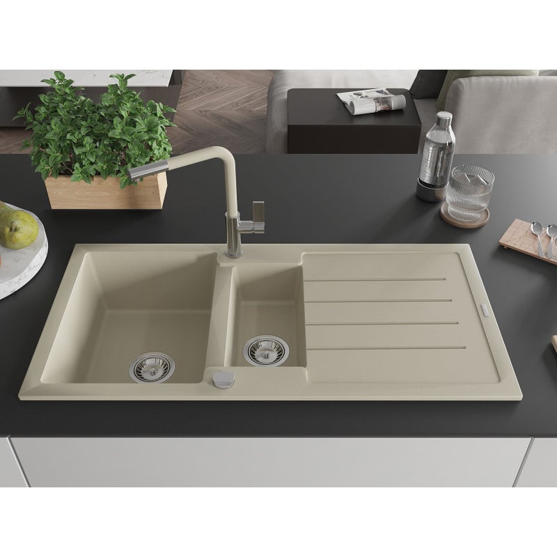 Mexen Andres évier en granit 1,5 bac avec égouttoir et robinet de cuisine Flora, beige - 6515-69-670401-09