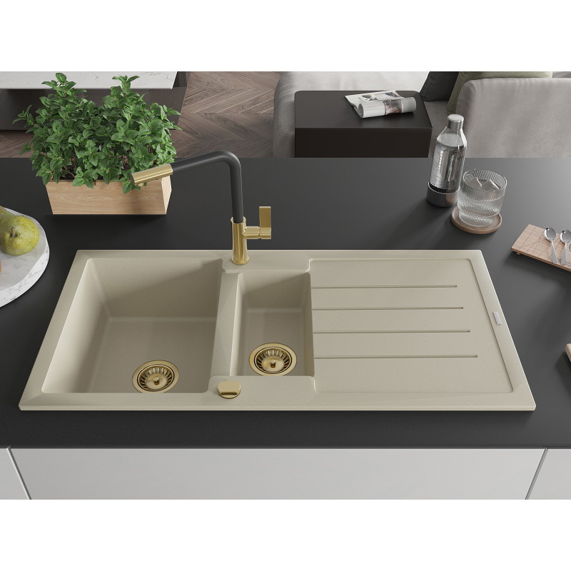 Mexen Andres évier en granit 1,5 bac avec égouttoir et robinet de cuisine Flora, beige - 6515-69-670401-57-G
