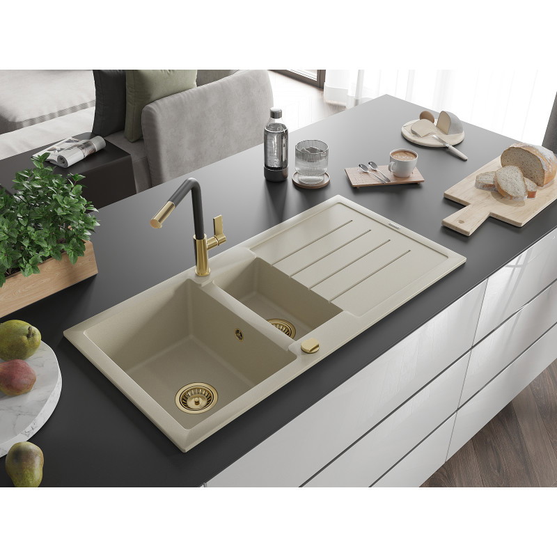 Mexen Andres évier en granit 1,5 bac avec égouttoir et robinet de cuisine Flora, beige - 6515-69-670401-57-G