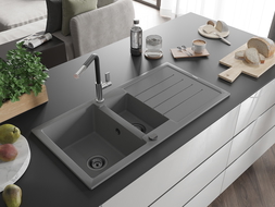 Mexen Andres évier en granit 1,5-bassins avec égouttoir et robinet de cuisine Flora, gris - 6515-71-670401-07-B
