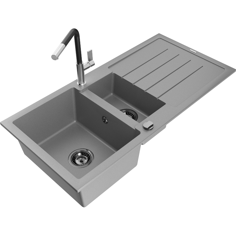 Mexen Andres évier en granit 1,5-bassins avec égouttoir et robinet de cuisine Flora, gris - 6515-71-670401-07-B