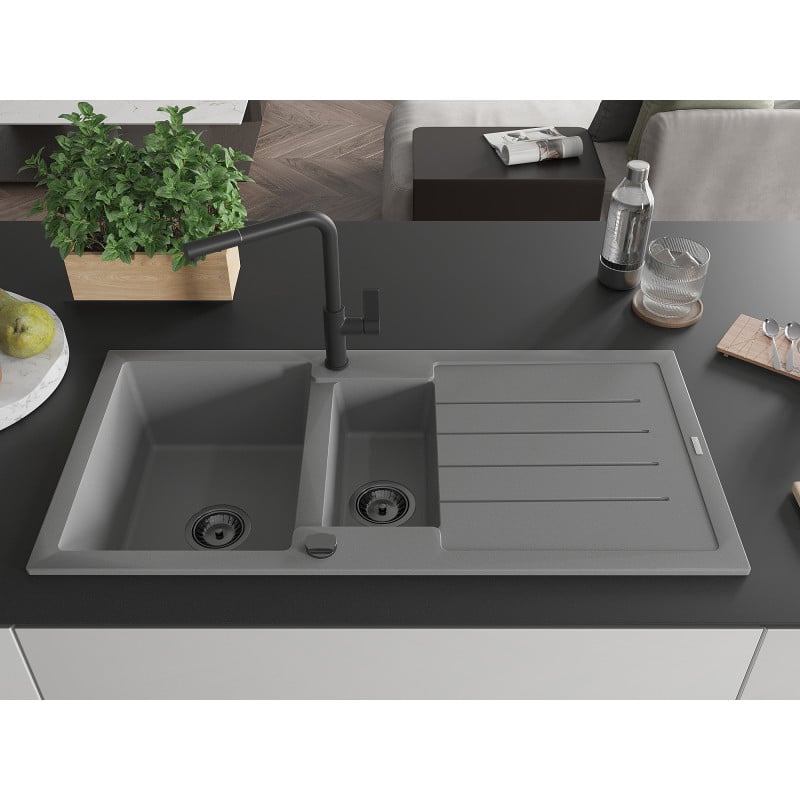 Mexen Andres évier en granite 1,5 cuves avec égouttoir et robinet de cuisine Flora, gris - 6515-71-670401-70-B