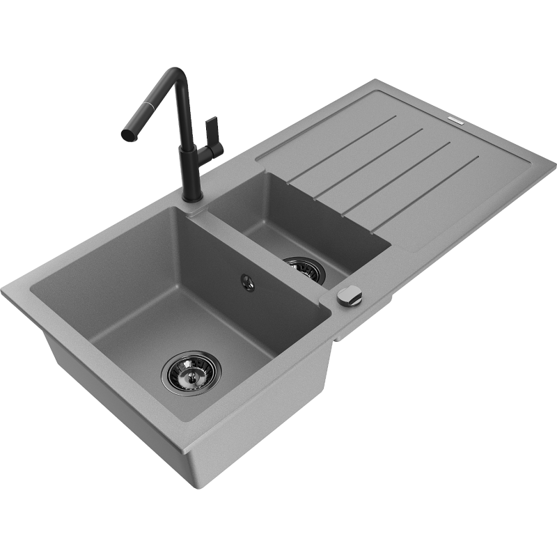 Mexen Andres évier en granite 1,5 cuves avec égouttoir et robinet de cuisine Flora, gris - 6515-71-670401-70-B