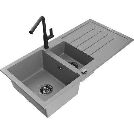 Mexen Andres évier en granite 1,5 cuves avec égouttoir et robinet de cuisine Flora, gris - 6515-71-670401-70-B