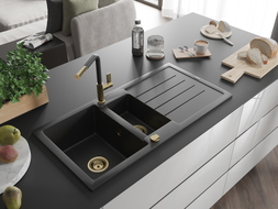 Mexen Andres évier en granit 1,5 cuves avec égouttoir et robinet de cuisine Flora, noir/argent - 6515-73-670401-57-G