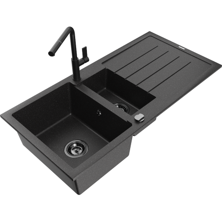Mexen Andres évier en granit 1,5 bac avec égouttoir et robinet de cuisine Flora, noir/argenté - 6515-73-670401-70-B