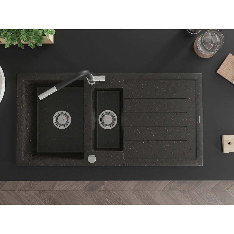 Mexen Andres évier en granit 1,5-bac avec égouttoir et robinet de cuisine Flora, noir/doré métallique - 6515-75-670401-07