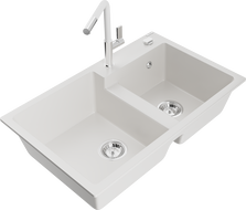 Mexen Tomas évier en granit à 2 bacs avec robinet de cuisine Flora, blanc - 6516-20-670401-02