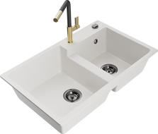 Mexen Tomas évier en granit à 2 bacs avec mitigeur de cuisine Flora, blanc - 6516-20-670401-57-B