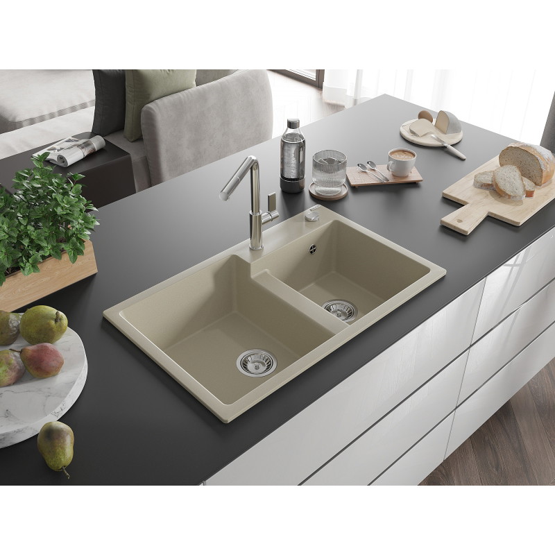 Mexen Tomas évier en granit 2 bacs avec robinet de cuisine Flora, beige - 6516-69-670401-00