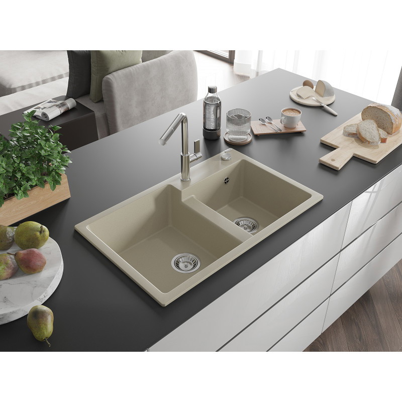 Mexen Tomas évier en granit à deux bacs avec robinet de cuisine Flora, beige - 6516-69-670401-00
