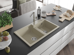 Mexen Tomas évier en granit 2 bacs avec robinet de cuisine Flora, beige - 6516-69-670401-00