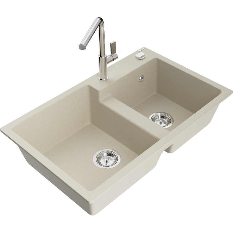 Mexen Tomas évier en granit 2 bacs avec robinet de cuisine Flora, beige - 6516-69-670401-00