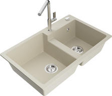 Mexen Tomas évier en granit 2 bacs avec robinet de cuisine Flora, beige - 6516-69-670401-00