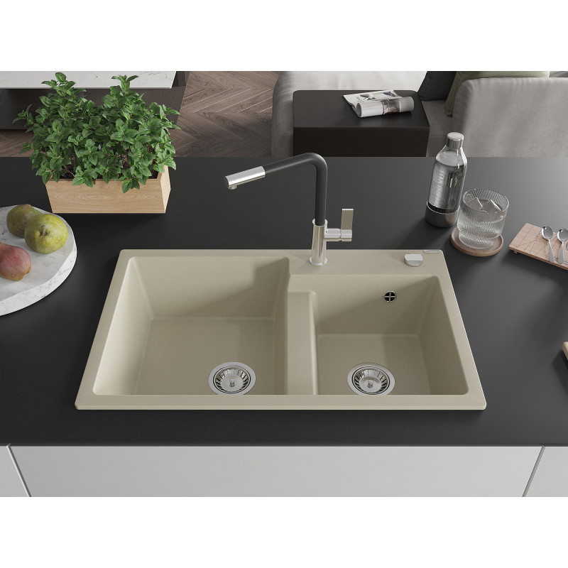 Mexen Tomas évier en granit 2 bacs avec robinet de cuisine Flora, beige - 6516-69-670401-07