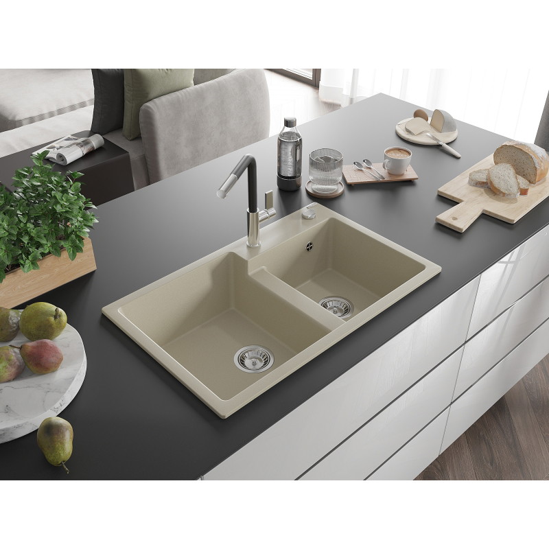 Mexen Tomas évier en granit à 2 bacs avec robinet de cuisine Flora, beige - 6516-69-670401-07