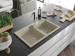 Mexen Tomas évier en granit à 2 bacs avec robinet de cuisine Flora, beige - 6516-69-670401-07