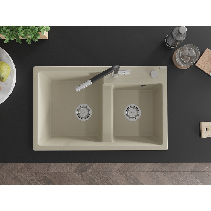 Mexen Tomas évier en granit 2 bacs avec robinet de cuisine Flora, beige - 6516-69-670401-07
