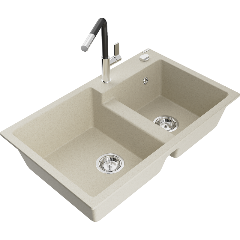 Mexen Tomas évier en granit 2 bacs avec robinet de cuisine Flora, beige - 6516-69-670401-07