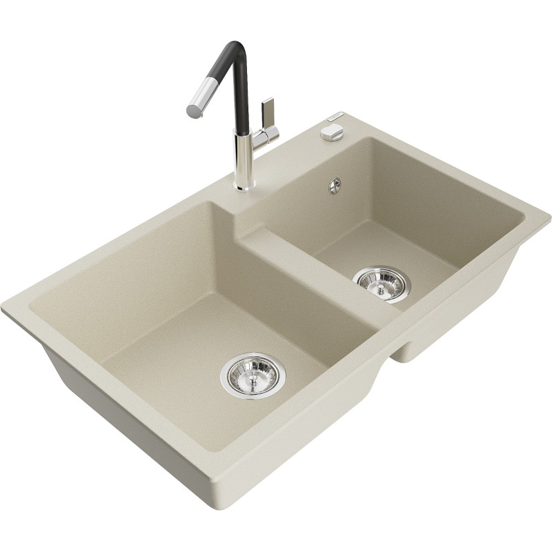 Mexen Tomas évier en granit à 2 bacs avec robinet de cuisine Flora, beige - 6516-69-670401-07