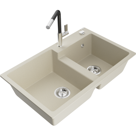 Mexen Tomas évier en granit 2 bacs avec robinet de cuisine Flora, beige - 6516-69-670401-07