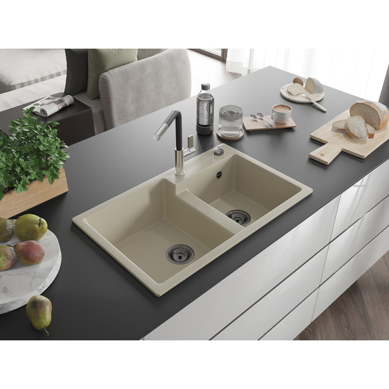 Mexen Tomas évier en granit à 2 bacs avec robinet de cuisine Flora, beige - 6516-69-670401-07-B