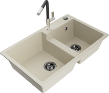 Mexen Tomas évier en granit à 2 bacs avec robinet de cuisine Flora, beige - 6516-69-670401-07-B