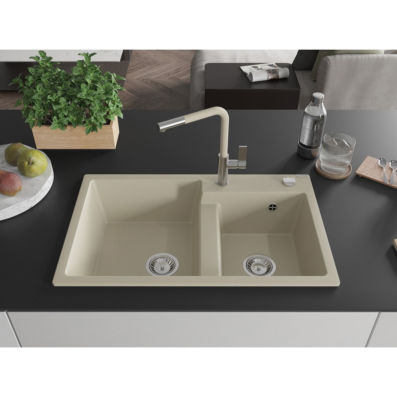 Mexen Tomas Évier en granit à 2 bacs avec robinet de cuisine Flora, beige - 6516-69-670401-09