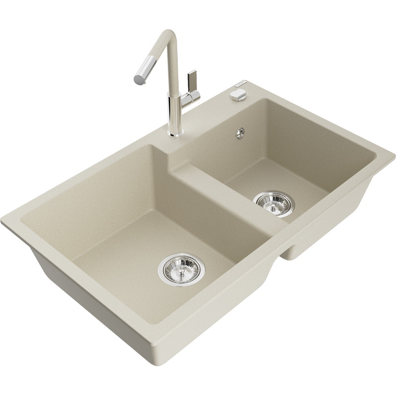 Mexen Tomas Évier en granit à 2 bacs avec robinet de cuisine Flora, beige - 6516-69-670401-09