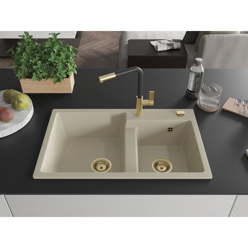 Mexen Tomas évier en granit 2 bacs avec robinet de cuisine Flora, beige - 6516-69-670401-57-G