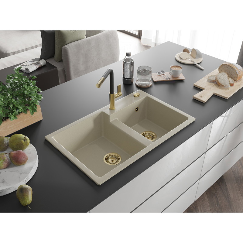 Mexen Tomas évier en granit 2 bacs avec robinet de cuisine Flora, beige - 6516-69-670401-57-G
