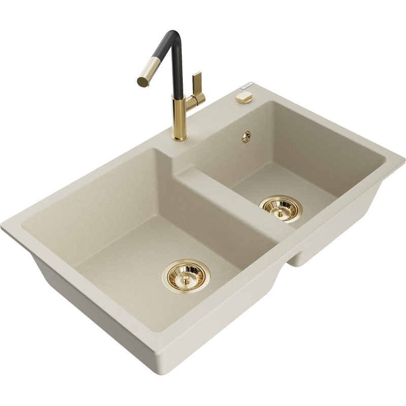 Mexen Tomas évier en granit 2 bacs avec robinet de cuisine Flora, beige - 6516-69-670401-57-G
