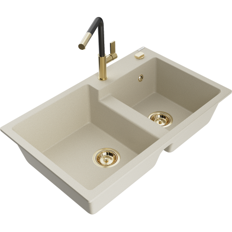 Mexen Tomas évier en granit 2 bacs avec robinet de cuisine Flora, beige - 6516-69-670401-57-G