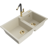 Mexen Tomas évier en granit 2 bacs avec robinet de cuisine Flora, beige - 6516-69-670401-57-G