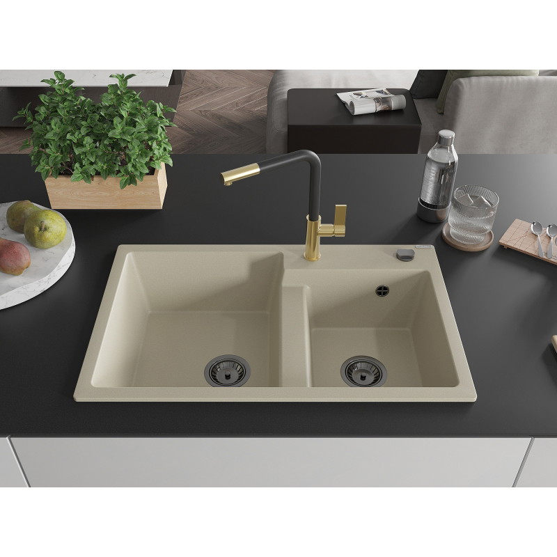 Mexen Tomas évier granit 2 bacs avec robinet de cuisine Flora, beige - 6516-69-670401-57-B