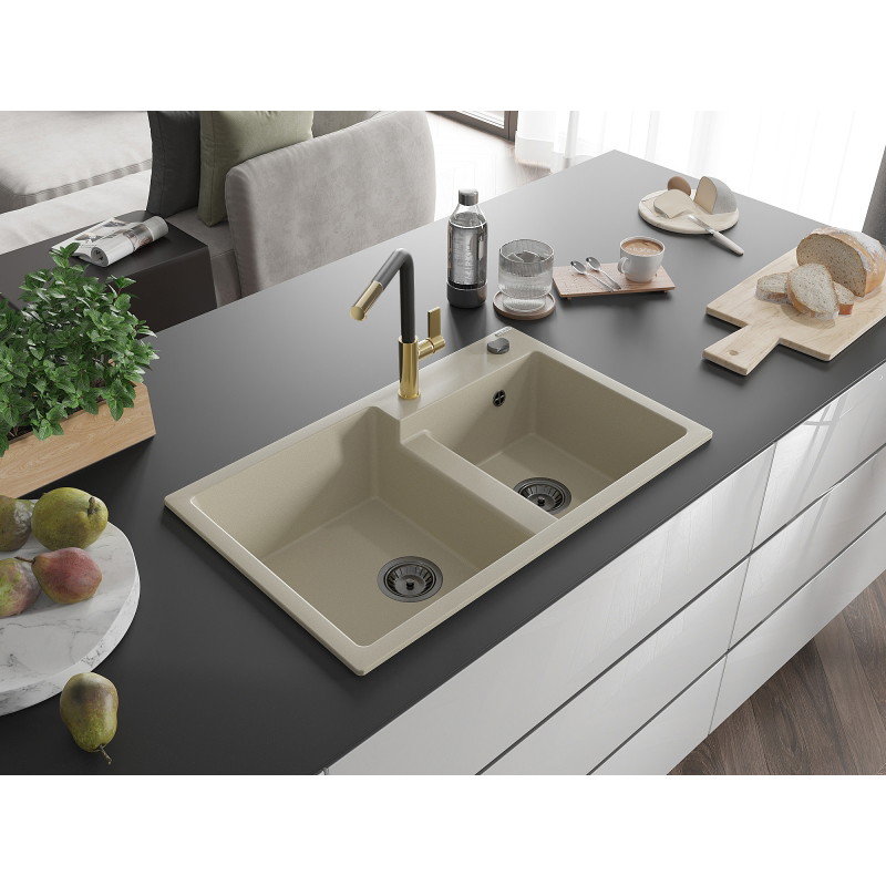 Mexen Tomas évier granit 2 bacs avec robinet de cuisine Flora, beige - 6516-69-670401-57-B