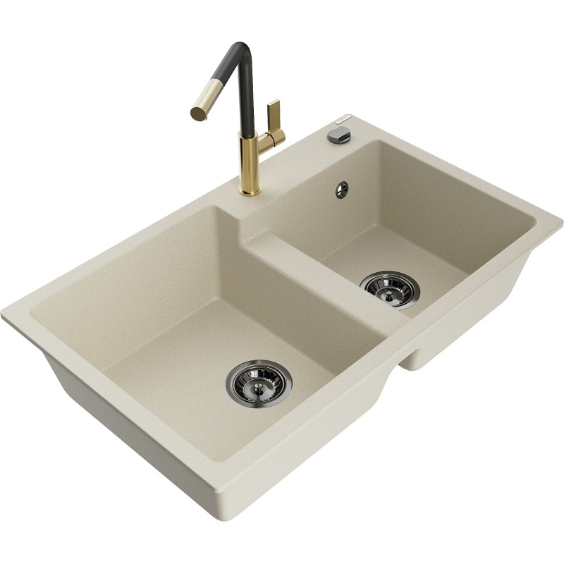 Mexen Tomas évier granit 2 bacs avec robinet de cuisine Flora, beige - 6516-69-670401-57-B