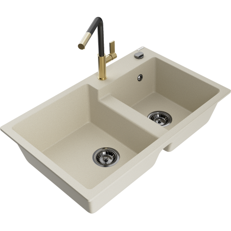 Mexen Tomas évier granit 2 bacs avec robinet de cuisine Flora, beige - 6516-69-670401-57-B