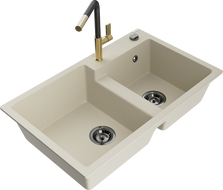 Mexen Tomas évier de cuisine en granit à 2 bacs avec robinet de cuisine Flora, beige - 6516-69-670401-57-B