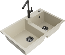 Mexen Tomas évier en granit à 2 bacs avec mitigeur de cuisine Flora, beige - 6516-69-670401-70-B
