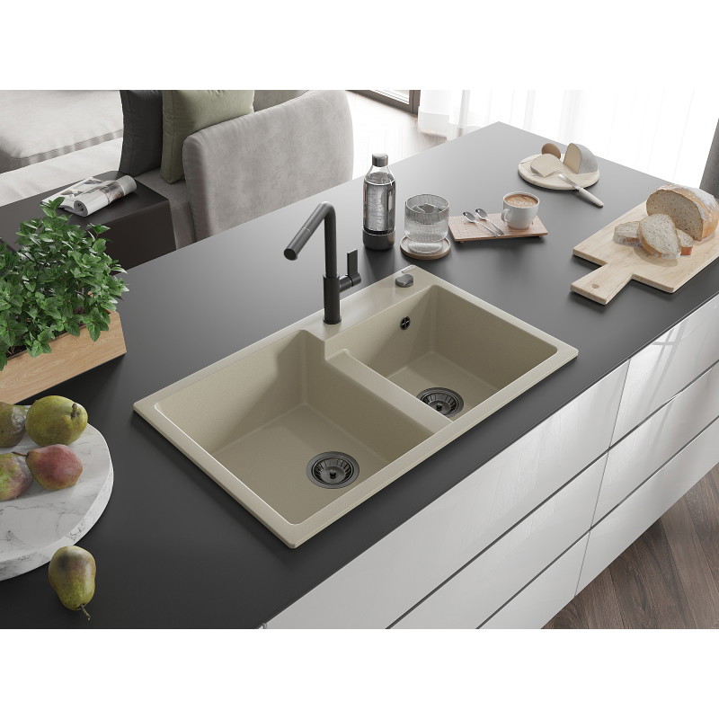 Mexen Tomas évier en granit à 2 bacs avec mitigeur de cuisine Flora, beige - 6516-69-670401-70-B