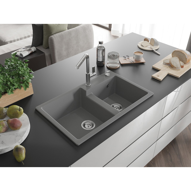 Mexen Tomas évier en granit 2 cuves avec robinet de cuisine Flora, gris - 6516-71-670401-00