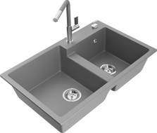 Mexen Tomas évier de cuisine en granite à 2 bacs avec robinet Flora, gris - 6516-71-670401-06